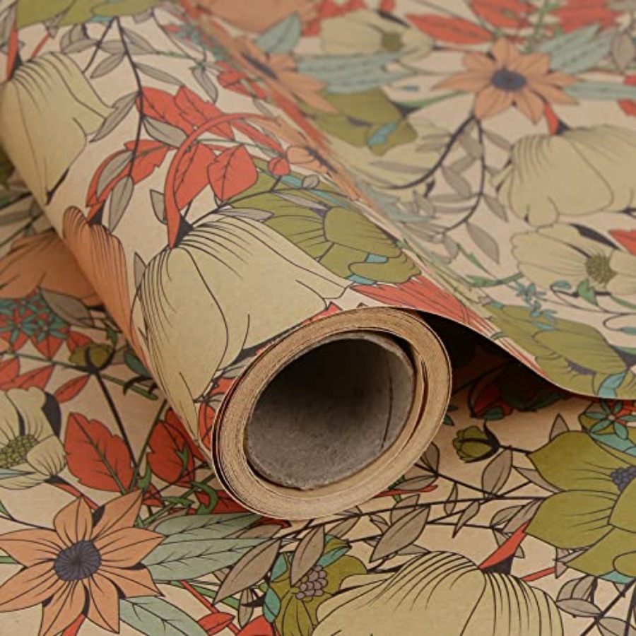 Flower Wrap Kraft - Kraft Çiçek Desenli Ambalaj Kağıdı Rulosu,