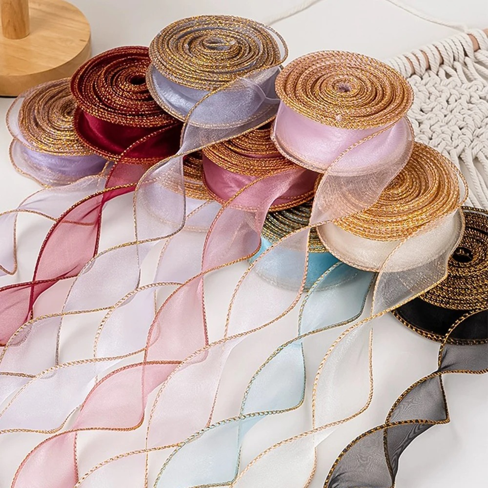 Ribbon Organza Roll - 10 Yard/Rulo Organze Kurdele, Altın Kenarlı